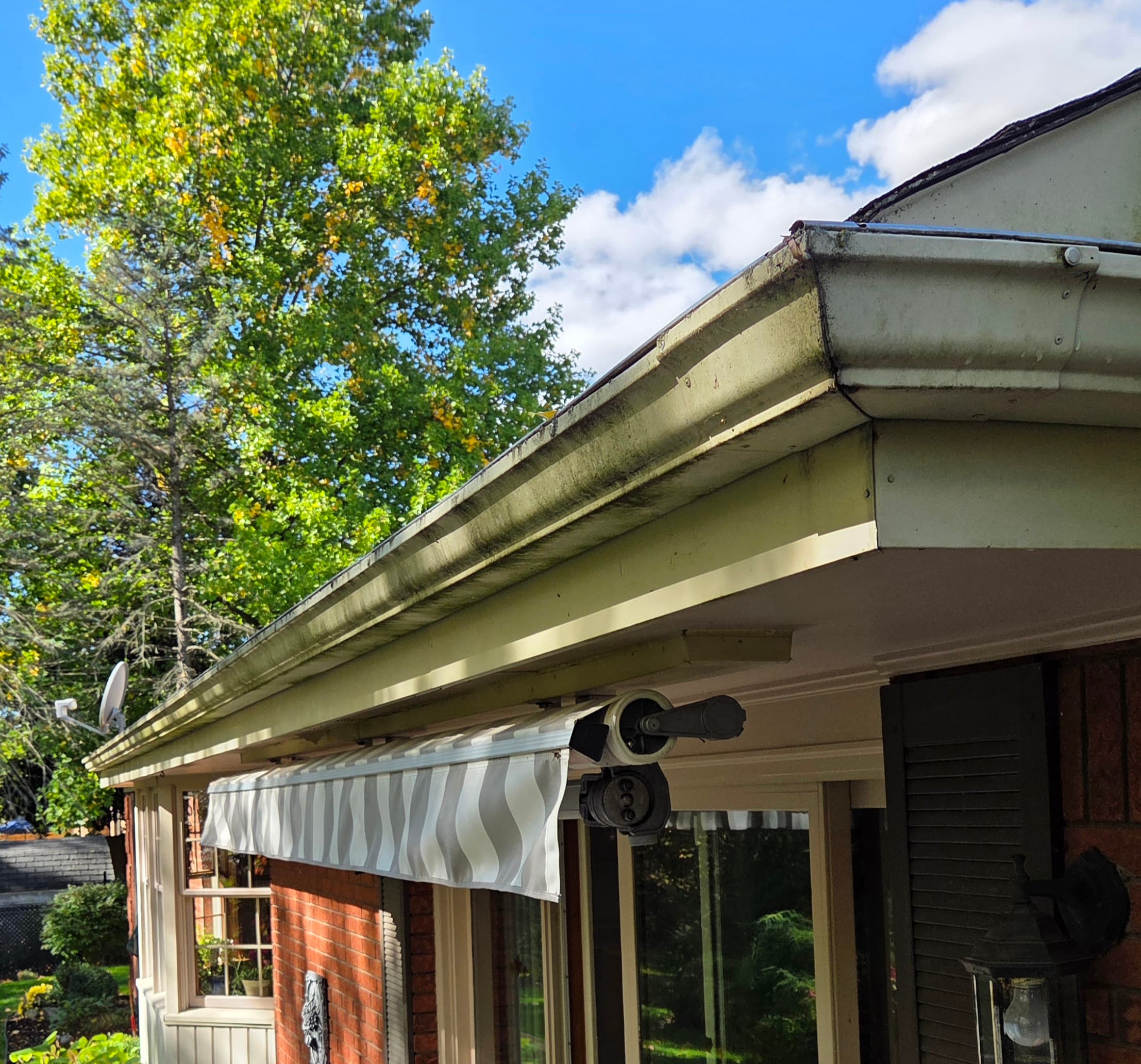 Before professional eavestrough cleaning — dirty, stained gutters